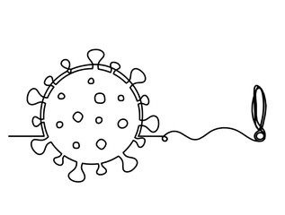 Abstract sign of corona virus with exclamation mark as line drawing on white background. Vector