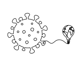 Abstract sign of corona virus with globe light bulb as line drawing on white background. Vector
