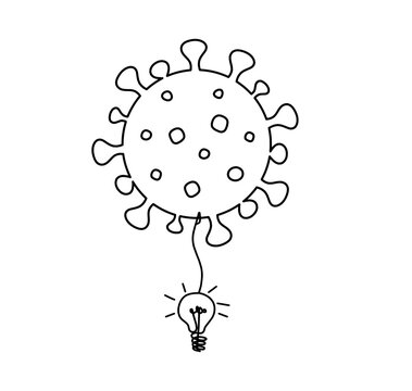 Abstract sign of corona virus with light bulb as line drawing on white background. Vector
