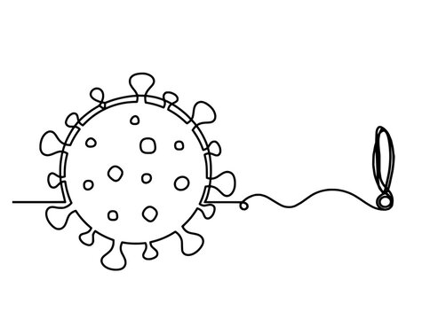 Abstract sign of corona virus with exclamation mark as line drawing on white background. Vector