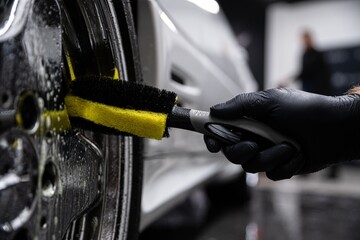 car wash or car detailing studio employee washes a shiny chrome rim with a brush