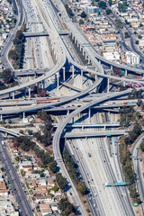 Aerial view of highway interchange Harbor and Century Freeway traffic portrait format in Los Angeles, USA