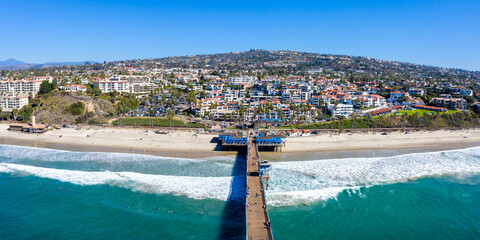 Aerial view of San Clemente California with pier and beach sea vacation panorama in the United States - obrazy, fototapety, plakaty