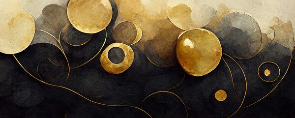 background with circles, black and gold background, grass swirls, background, luxury, business, gold, black, banner, invitation, illustration, generative ai