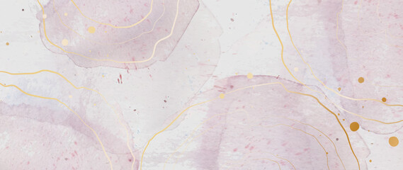 Watercolor art vector. Wallpaper design with brush and golden line. Pink, peony and rose color, watercolor with paper texture. Illustration for prints, wall art, cover and invitation cards.