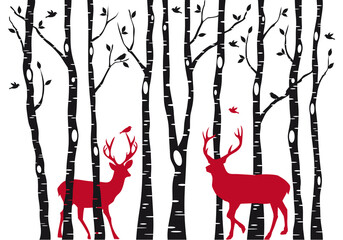 Birch tree forest with red reindeer and birds, winter landscape, Christmas card illustration on a transparent background