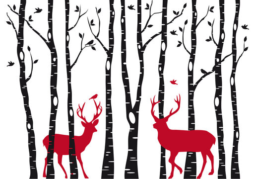 Birch tree forest with red reindeer and birds, winter landscape, Christmas card illustration on a transparent background © beaubelle