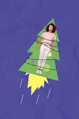 Creative photo 3d collage postcard poster picture brochure of shocked girl flying on pine spruce tree isolated on painting background