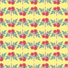  red flowers with leaves and yellow background seamless repeat pattern