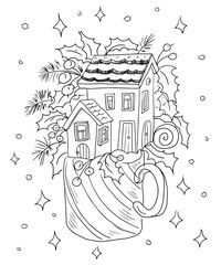 christmas winter mug with twigs leaves and berries and candies, fairy tale houses forest cozy holiday mood illustration hand drawn greeting card new year holidays stars
