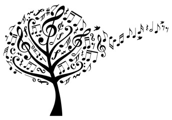 Music tree with flying musical notes, illustration over a transparent background, PNG image