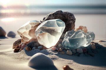 Quartz composition on a beach, healing and meditation