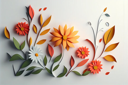 3d render, digital illustration, colorful paper flowers wallpaper, spring summer background, floral bouquet isolated on white, vibrant colors, mint pink orange yellow