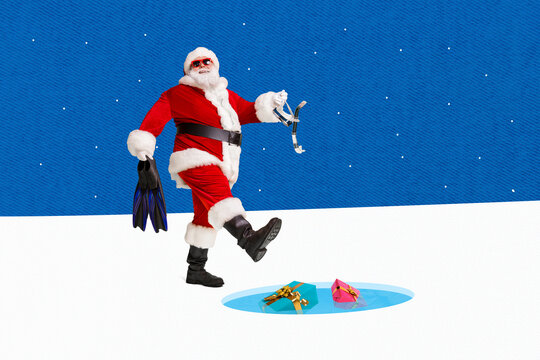 Creative photo 3d collage postcard poster picture of positive santa diver hobby time dive under cold water isolated on painting background