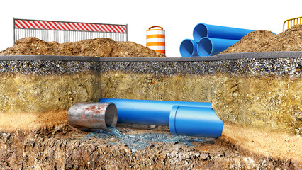 Concept of underground pipes renovation, slice of ground with the digged pit and old rusty metal...