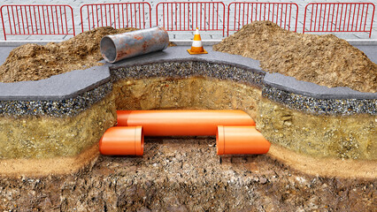 Obraz premium Concept of road works and underground pipes renovation, new orange pvc pipes are installed instead of old rusty section, slice of ground and a pit digged in the asphalt, mounds of soil are upside 