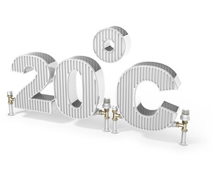 Energy resources concept. Battery in shape of 20 degrees Celsius sign on a white background. 3d illustration