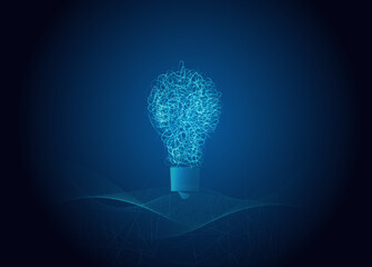 Technologie de ligne et point de vecteur avec ampoule bleu clair et lampe sur fond de technologie