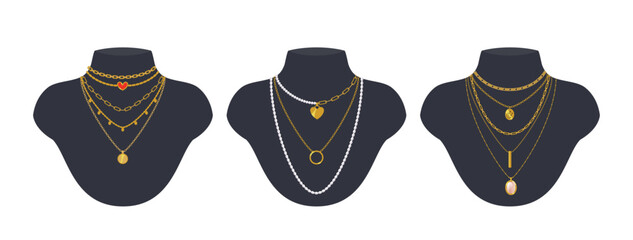 Set of trendy minimalistic necklaces, chains, and beads with gold pendants. Jewelry are displayed on black mannequin busts. Vector cartoon objects for fashion and beauty design.  - 549832292