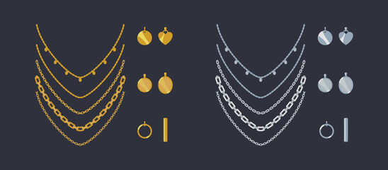 Golden and silver chain necklaces and pendants set. Vector cartoon trendy minimalistic jewelry. Isolated objects for design.  - obrazy, fototapety, plakaty