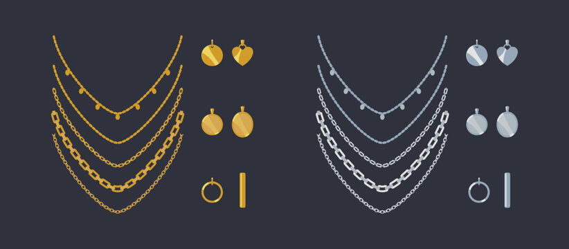Golden and silver chain necklaces and pendants set. Vector cartoon trendy minimalistic jewelry. Isolated objects for design. 