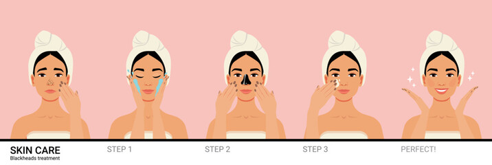 Blackheads treatment skincare routine of woman. Face cleansing, black peel-off nose mask, and cream application. Vector flat cartoon illustration. - 549832420