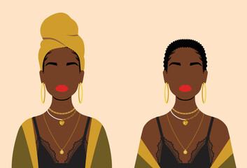Beautiful African American woman with a short hairstyle and wearing traditional a head wrap, golden necklaces, and earrings.  Sexy abstract woman portrait. Vector design isolated on background.  