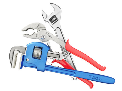 tools: blue, red, silver wrenches on white clip art preview