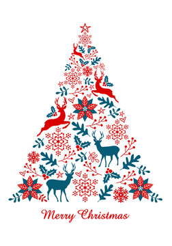 Ornamental Christmas tree, red and green illustration over a transparent background, PNG image
