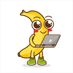vector illustration of cute banana fruit business or character holding laptop.