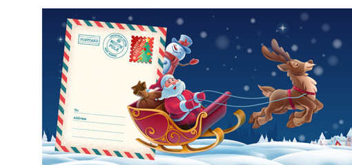 christmas card with santa claus and sleigh