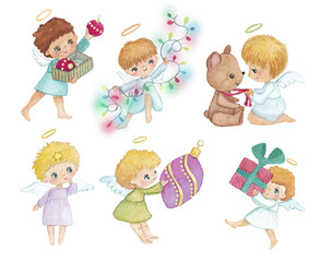 Set of little angels, boys and girls, isolted. Christmas balls, gifts, presents, toys.