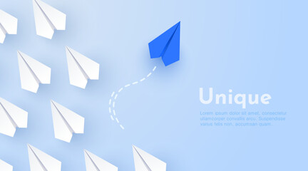 Paper planes flying forward. Leadership, success, finding new way and own path concept. Vector illustration