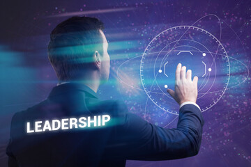 Fototapeta premium Business, technology, internet and network concept. Young businessman thinks over the steps for successful growth: Leadership