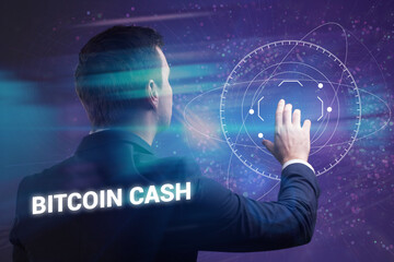 Business, technology, internet and network concept. Young businessman thinks over the steps for successful growth: Bitcoin cash