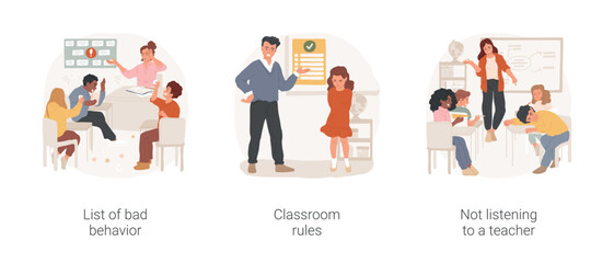 Classroom discipline isolated cartoon vector illustration set. List of bad behavior, classroom rules, children misbehave at school, poster on the wall, not listening to a teacher vector cartoon.