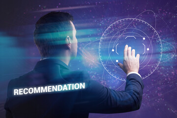 Business, technology, internet and network concept. Young businessman thinks over the steps for successful growth: Recommendation