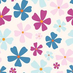 Bold abstract floral seamless vector pattern. Bright colorful, pink, blue and magenta color flowers. Quirky, fun, graphical design. Repeat background wallpaper texture print.