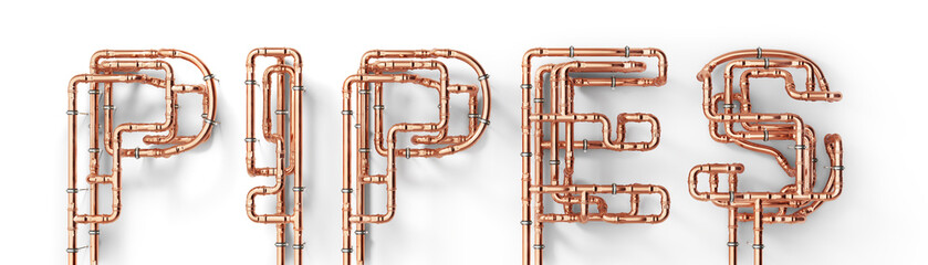 Plumbing pipes in shape of pipes word on a white background. 3d illustration