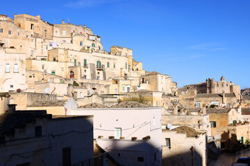 Fototapeta na wymiar View of Sassi di Matera a historic district in the city of Matera, well-known for their ancient cave dwellings in Italy, Europe