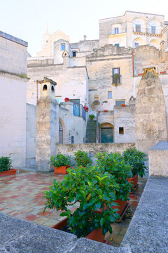 View of Sassi di Matera a historic district in the city of Matera, well-known for their ancient cave dwellings from the Belvedere di Murgia Timone, Basilicata, Italy