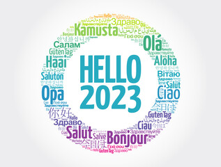 Hello 2023 word cloud in different languages of the world, concept background