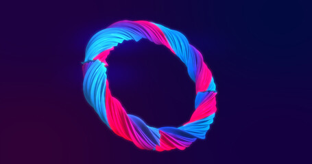 Obraz premium Abstract looped beautiful voluminous multi-colored luminous pink-purple twisting ring made of metal and lines on a dark background
