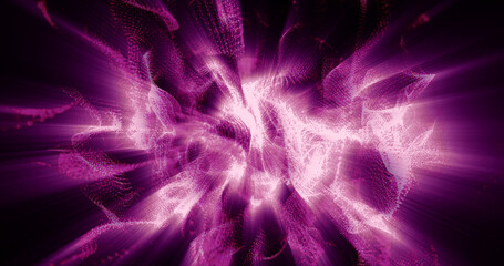 Abstract background of purple pink moving flying small wave particles from smoke with glow and blur effect of exploding sphere. Screensaver beautiful