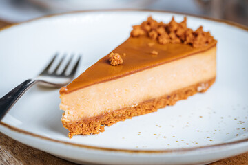 A piece of caramel cheesecake with cookie crumbs on top. Creamy three layer cake on bright plate. Popular American dessert.