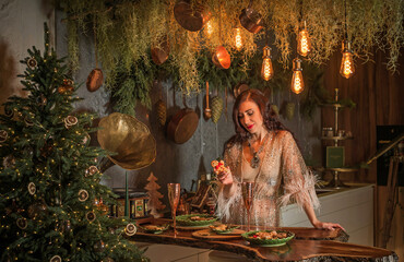 Winter holidays concept. Inspiration and fairy time. Middle aged woman near Christmas tree. Pretty nice cozy days, magical New Year time