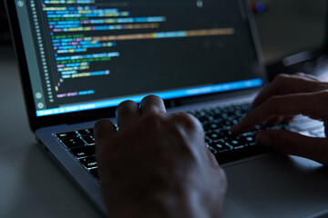 Developer coding in laptop. Programming software concept