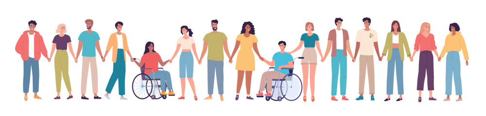 Different people stand together and hold hands to support each other. People with disabilities	
