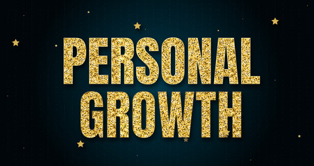 Personal Growth in shiny golden color, stars design element and on dark background.