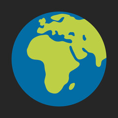 Globe vector icon flat emoji. Isolated world circle map showing the continents of Europe and Africa in green against blue ocean sign label design.